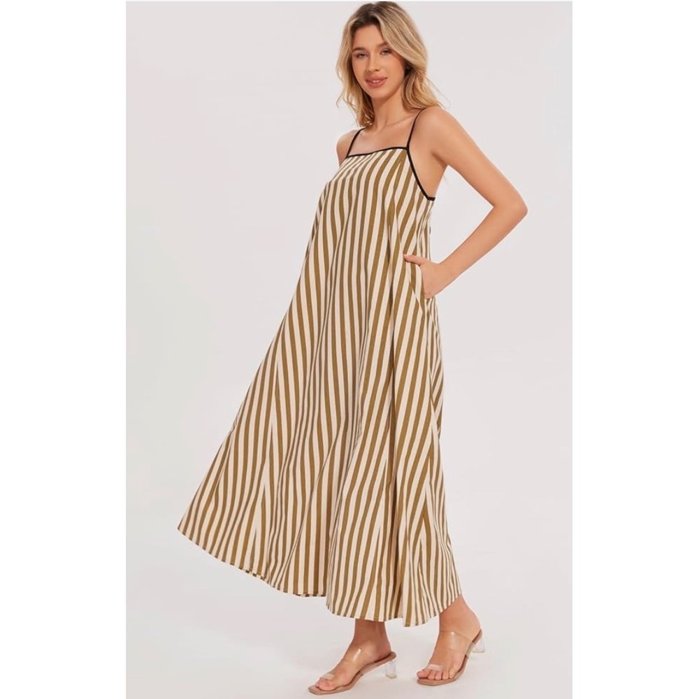 Shy Velvet Women Olive Green Cream Striped Maxi Dress Adjustable Straps XS